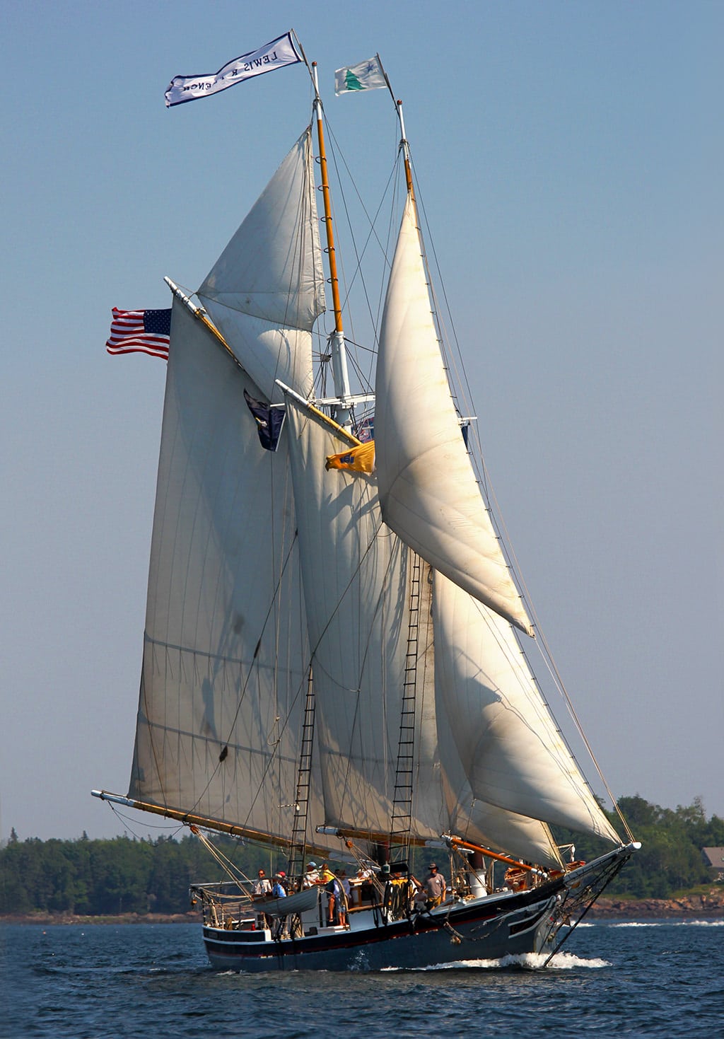 Looking up into the sails of the wooden schooner Lewis R. French